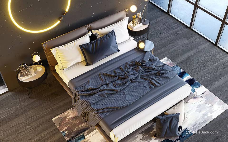 Modern Double Bed Bedroom Interior With Bedside Lamp Nightstand And Gray Area Rug 3d model 
