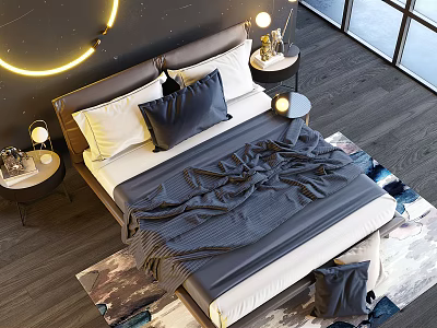 Modern Double Bed Bedroom Interior With Bedside Lamp Nightstand And Gray Area Rug 3d model