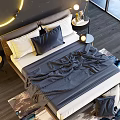 Modern Double Bed Bedroom Interior With Bedside Lamp Nightstand And Gray Area Rug