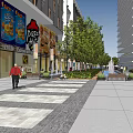 Modern Commercial Street Featuring Retail Shops Pedestrians Benches Fountains and Greenery