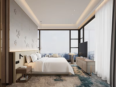 Modern Hotel Guest Room Interior With Large Bed Floor to Ceiling Windows TV City View 3d model