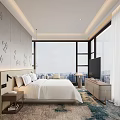 Modern Hotel Guest Room Interior With Large Bed Floor to Ceiling Windows TV City View