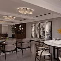 Chinese Style Clubhouse Interior Design With Wooden Table Chairs Paintings Ceiling Lamps And Plant