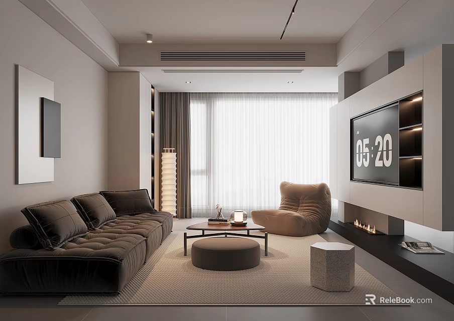 Modern Living Room Interior With Brown Sofa Accent Chair Coffee Table Floor Lamp And Fireplace 3d model 
