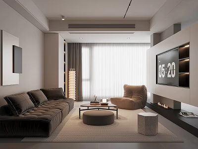 Modern Living Room Interior With Brown Sofa Accent Chair Coffee Table Floor Lamp And Fireplace 3d model