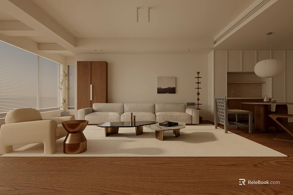 Modern Open Concept Living Room And Dining Area With Sofa Coffee Table And Wooden Floor 3d model 