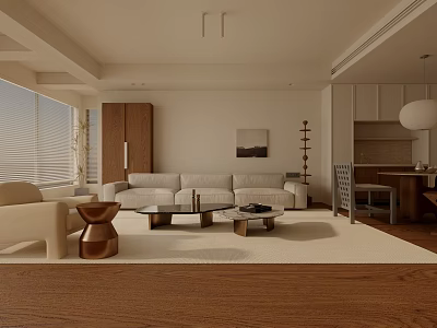 Modern Open Concept Living Room And Dining Area With Sofa Coffee Table And Wooden Floor 3d model