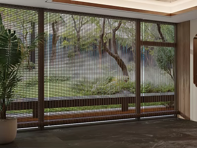Modern Large Window Blinds In Interior With Natural Tree View And Greenery 3d model