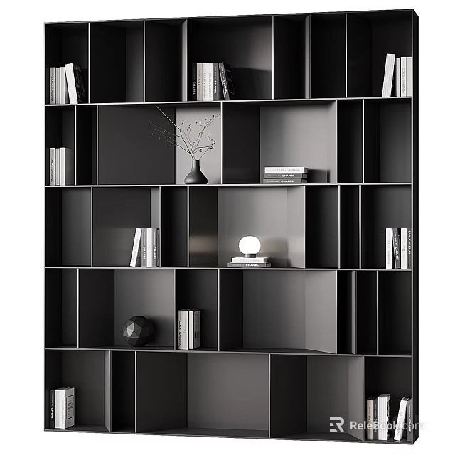 Modern Dark Bookcase Interior Design With Multi-layered Compartments Books And Decorative Vase 3d model 