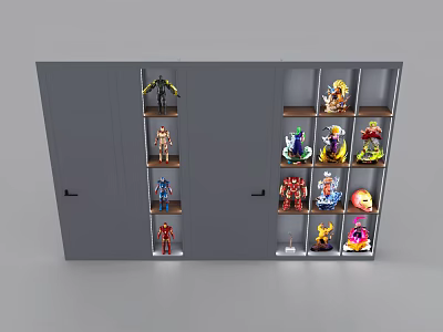 Gray Display Cabinet With Multiple Open Compartments Showcasing Various Action Figures And Figurines 3d model