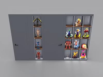Gray Display Cabinet With Multiple Open Compartments Showcasing Various Action Figures And Figurines 3d model