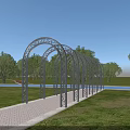 Elegant Metal Arched Garden Ornament Along Brick Path With Grassland Trees And Pool