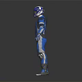 Man Wearing Blue Motorcycle Suit And Helmet In Full Body Protective Gear