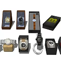 Various Style Watches With Display Cases And Packaging Boxes In Different Designs 3d model