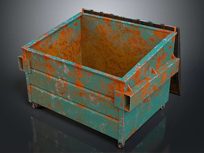 Rusted Green Metal Dumpster Featuring Worn Surface And Rolling Wheels 3d model