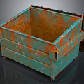Rusted Green Metal Dumpster Featuring Worn Surface And Rolling Wheels