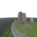 Modern Spiral Exterior Office Building With Glass Curtain Wall In Urban Setting With Palm Trees