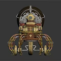 Ornate Steampunk Mechanical Spider Equipment With Metallic Legs Transparent Dome And Green Gemstone