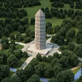 Traditional Multi Tiered Tower Surrounded by Lush Trees and Winding Paths on Green Grassland 3d model