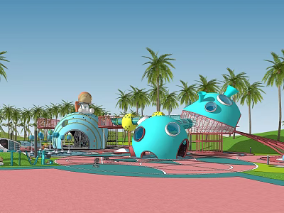 Outdoor Children's Playground With Blue Cartoon Structures Slides Palm Trees Pink Ground And Green Lawn 3d model