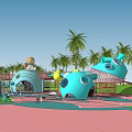 Outdoor Children's Playground With Blue Cartoon Structures Slides Palm Trees Pink Ground And Green Lawn