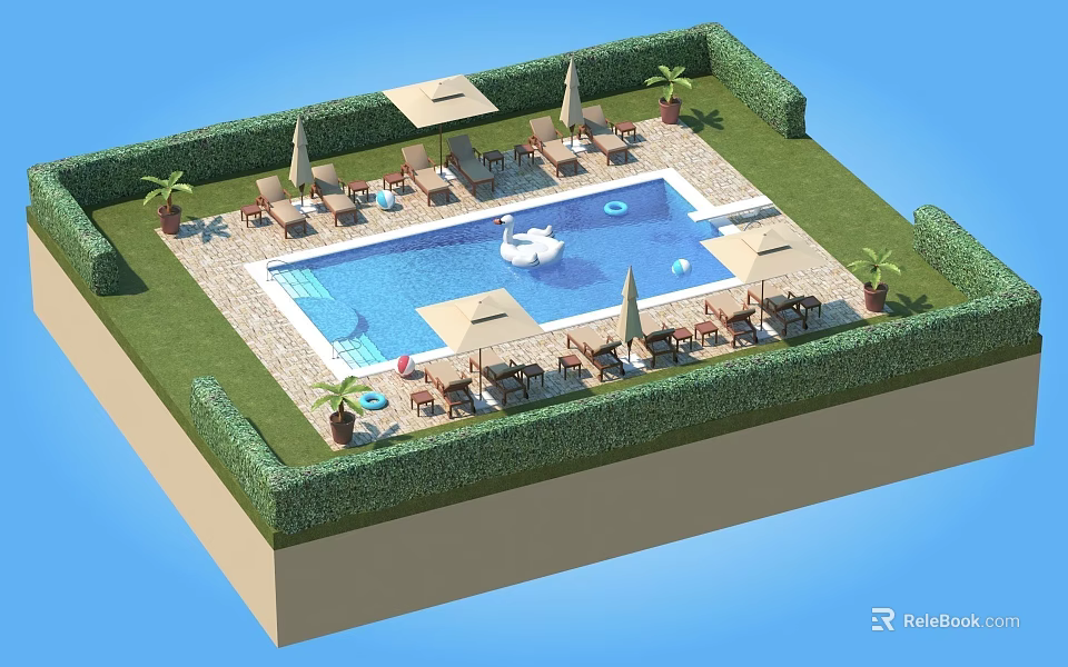 Scenic Backyard Pool Area With Green Hedge Umbrellas Loungers Palm Trees And Swan Decoration 3d model 