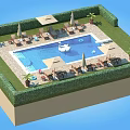 Scenic Backyard Pool Area With Green Hedge Umbrellas Loungers Palm Trees And Swan Decoration