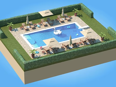 Scenic Backyard Pool Area With Green Hedge Umbrellas Loungers Palm Trees And Swan Decoration 3d model