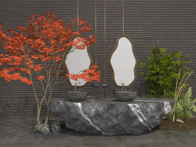 Other Bathroom Interior With Red Maple Tree Green Plants And Stone Sink Counter 3d model