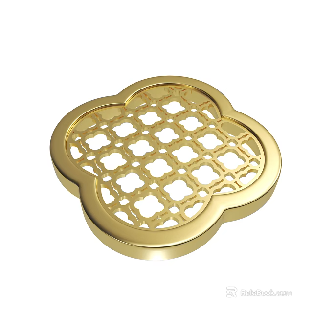 Elegant Golden Clover Shaped Decorative Tray with Intricate Hollow Pattern 3d model 