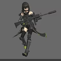 Game Movie Character with Black Long Hair in Black and Green Outfit Holding Long Rifle