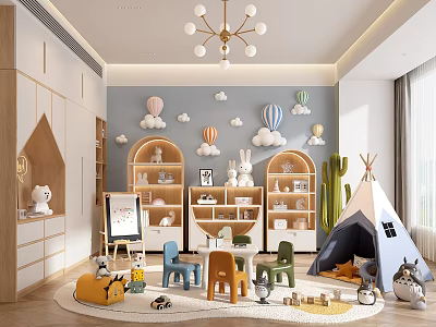 Cozy Kids Room With Teepee Shelves Toys And Balloon Cloud Decor 3d model