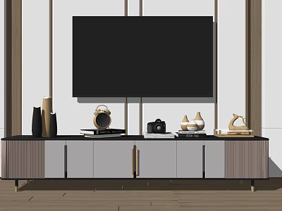 Modern TV Stand Design With Wooden Grey Finish Vases Camera Clock And Sculptures 3d model