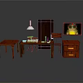 Wooden Interior Furniture Setup With Table Desk Chair Cabinet Lamp And TV