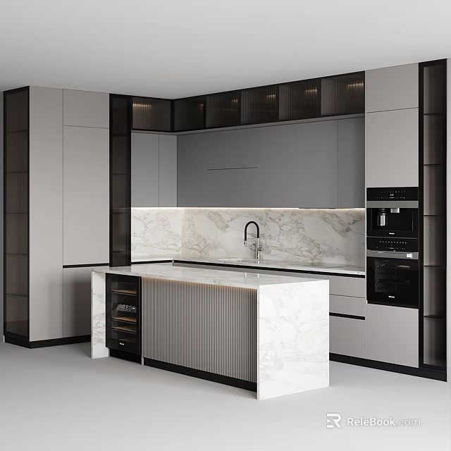 Modern Kitchen Interior Design With Marble Island Countertop Cabinets And Appliances 3d model 