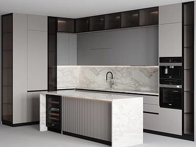 Modern Kitchen Interior Design With Marble Island Countertop Cabinets And Appliances 3d model