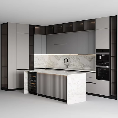 Modern Kitchen Interior Design With Marble Island Countertop Cabinets And Appliances 3d model