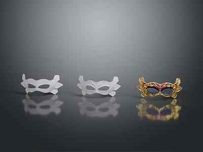 Colorful Animal Themed Masks in White Transparent and Gold on Black Background with Reflections 3d model