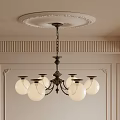 Elegant Classical Chandelier Featuring Multiple White Glass Shades Brass Frame Ceiling Medallion And Paneled Walls