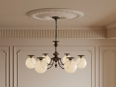 Elegant Classical Chandelier Featuring Multiple White Glass Shades Brass Frame Ceiling Medallion And Paneled Walls 3d model