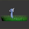 Blue And White Snake Like Creature In Green Grassy Area With Red Eyes