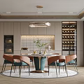 Modern Restaurant Interior With Round Dining Table Orange Teal Chairs Chandelier And Wine Rack