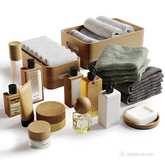 Assorted Bath Essentials Collection With Stacked Towels Wooden Storage Boxes Toiletry Bottles And Soap 3d model 