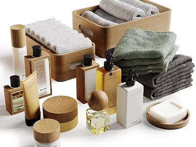 Assorted Bath Essentials Collection With Stacked Towels Wooden Storage Boxes Toiletry Bottles And Soap 3d model