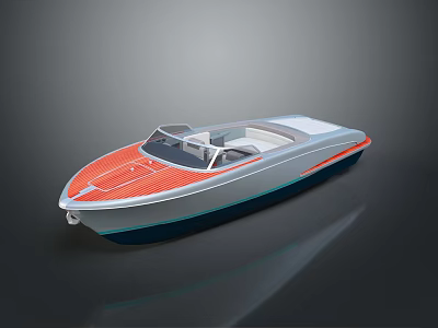 Sleek Modern Speedboat With Orange Deck White Blue Hull Transparent Windshield And Seats 3d model