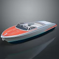 Sleek Modern Speedboat With Orange Deck White Blue Hull Transparent Windshield And Seats
