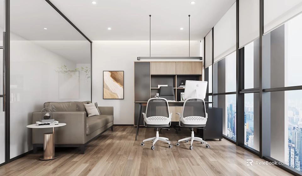 Modern Office Interior Design With Sofa Desk Chairs Large Windows And City View 3d model