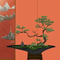 Bonsai Tree Placed On Black Pot With Green Moss Against Red Wall Featuring Mountain Pattern 3d model