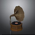 Vintage Electronic Gramophone With Brass Horn Wooden Base And Vinyl Record