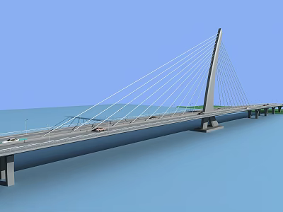 Modern Cable Stayed Bridge With Tall Pylon Long Cables Spanning Water And Vehicles On Deck 3d model